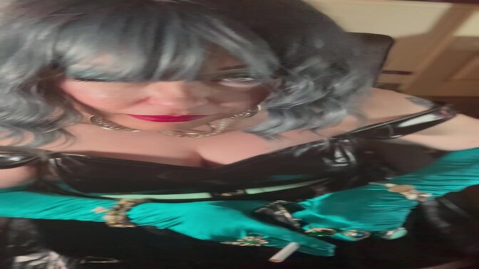 Smoking MILF in satin gloves and PVC