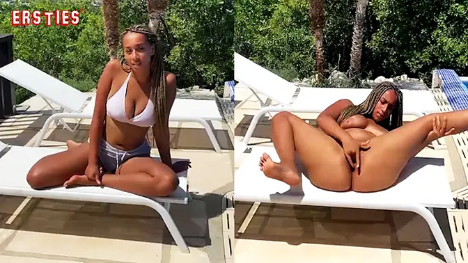 Solo ebony babe Naomi teases with big natural tits by pool