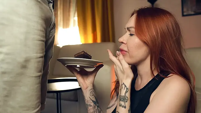 Steamy MILF deep throats cum-covered cake