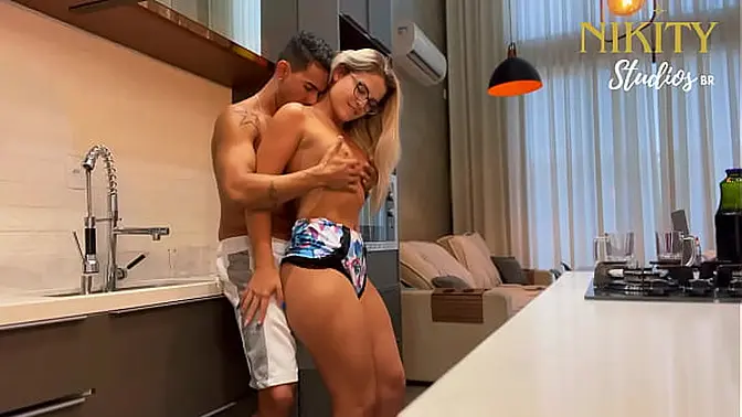 Step sis's friend gets fucked and sucks in the kitchen