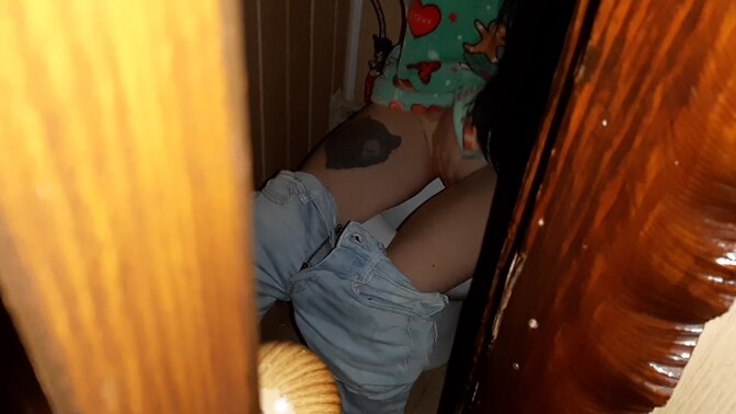 Step-sister gets caught masturbating in the public toilet