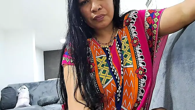 Stepmom with big natural tits deepthroats and gets fucked in living room