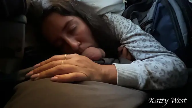 Stewardess gives risky public blowjob on airplane