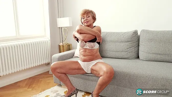 Stunning blonde MILF Romana pleasures herself and her grandson