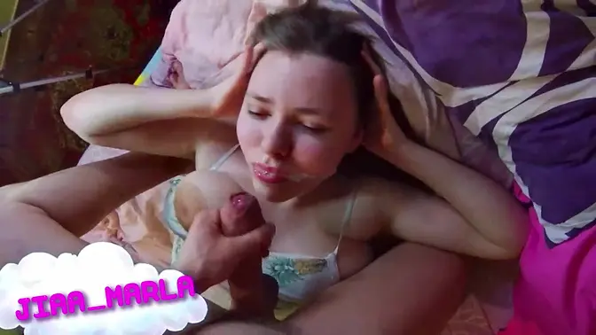 Stunning teen brunette gives hot POV blowjob and facial