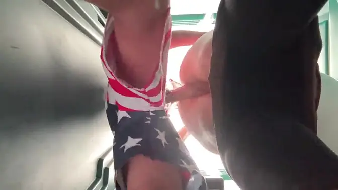 Sweaty MILF wife gets her big dick in public carnival toilet