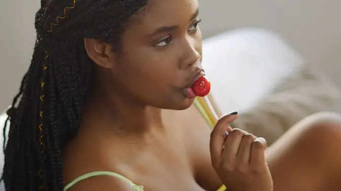 Sweet ebony hottie gives mesmerizing hot licking with lollipop close-up POV