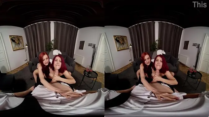 Tattooed brunette redheads strip and give a wild blowjob