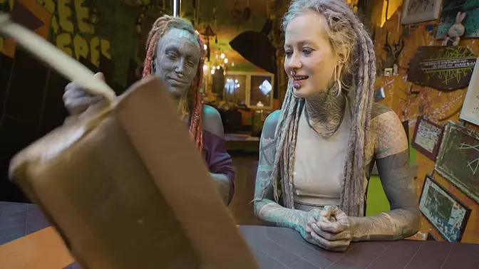 Tattooed couple unboxes huge dildo and go wild