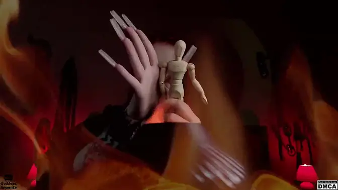 Tattooed domina with red glasses controls her obedient slave