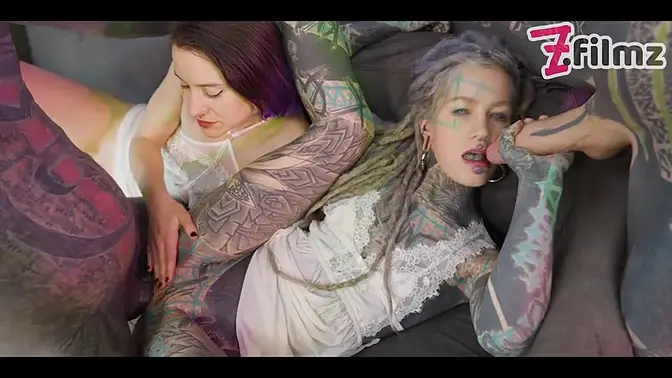 Tattooed guys pound petite goth girl in 4some