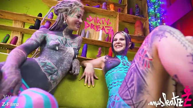 Tattooed Lesbians Anal Play with Big Toys