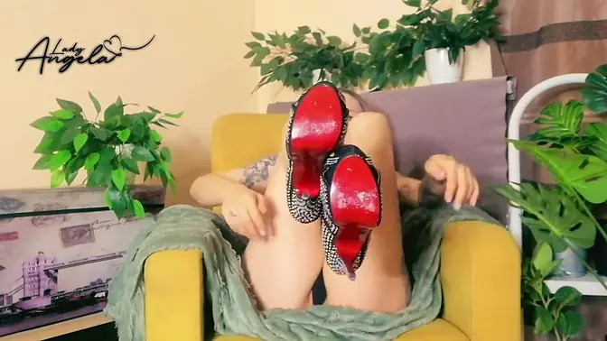 Tattooed MILF teases in red high heels, calls you a good boy