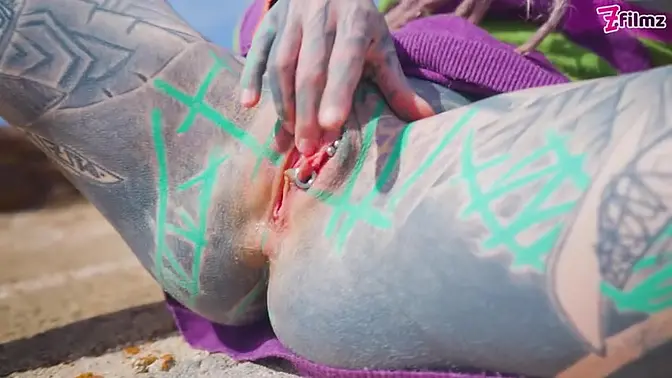 Tattooed stud fucks petite goth's ass outdoors