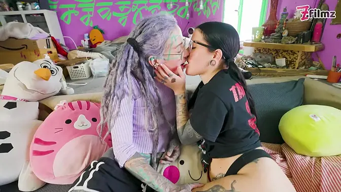 Tattooed studs fuck three girls in a wild POV scene