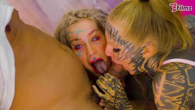 Tattooed trio engulfs BBC in wild doggystyle fucking and cowgirl action