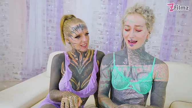 Tattooed trio in wild facial and gape threesome