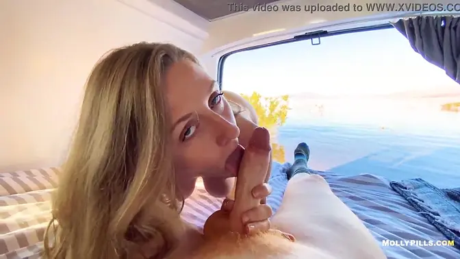 Teen babe fucked in van at public beach, wild POV sex