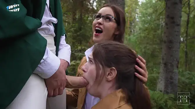 Teen beauty in hot pearl cosplay sucks big cock in forest threesome