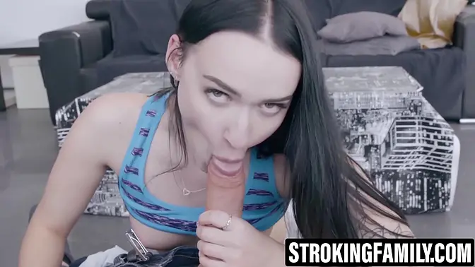 Teen Sasha Sparrow gives a throaty blowjob then rides cock