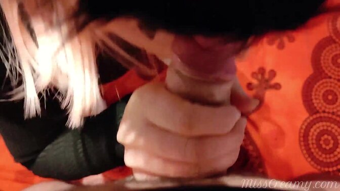 Teenager Girlfriend Blonde Sucks My Big Cock until to cum in mouth - French Amateur Female in stockings Close up Blowjob Homemade - MissCreamy