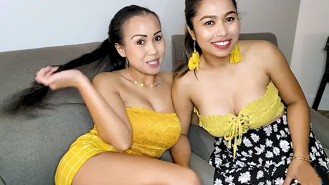 Thai lesbian girlfriends play with big boobs and toys