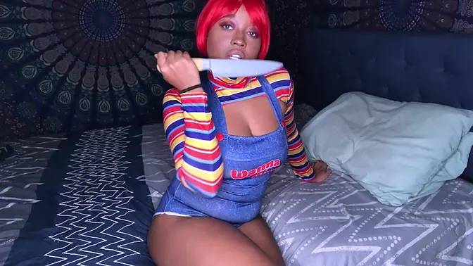 Thick ebony witch lightskin baddie plays with her big tit and pussy for Halloween