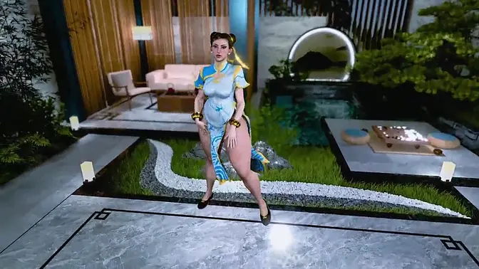 Thick enticing Chun Li poses solo in a revealing dress without panties