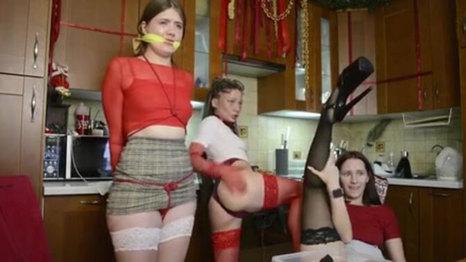 Three obedient bitches work together at home 