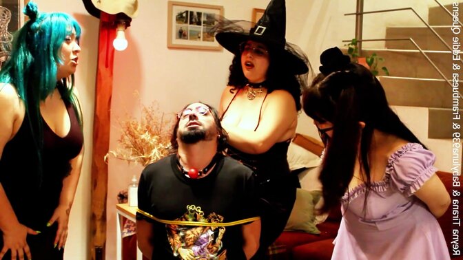 Three witches, one pregnant and the others with big tits, use a naïve