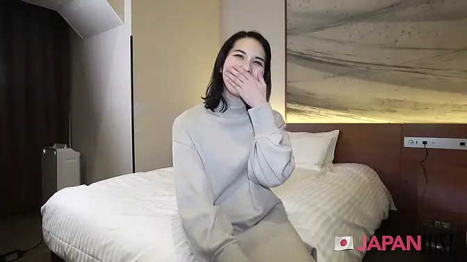 Tiny Japanese teen strips and gives sloppy blowjob