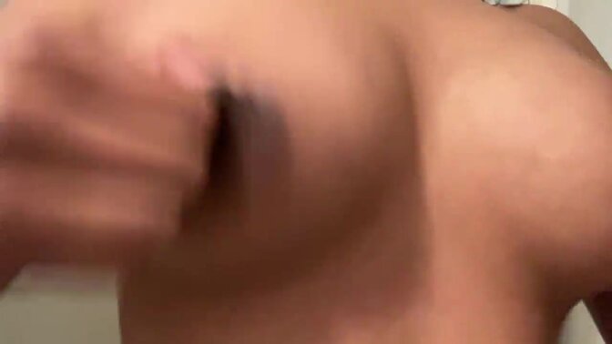 Titty-bound babe bounces and plays with nipples