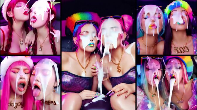 Toning of sperm all over the face of girls with hot makeup and wildly dyed hair