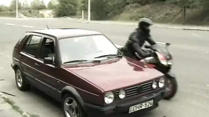 Two bikers make hot threesom with red-haired cutie