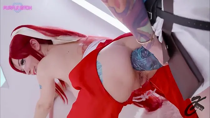 Two cosplay babes fuck with huge dildos in cartoon fantasy