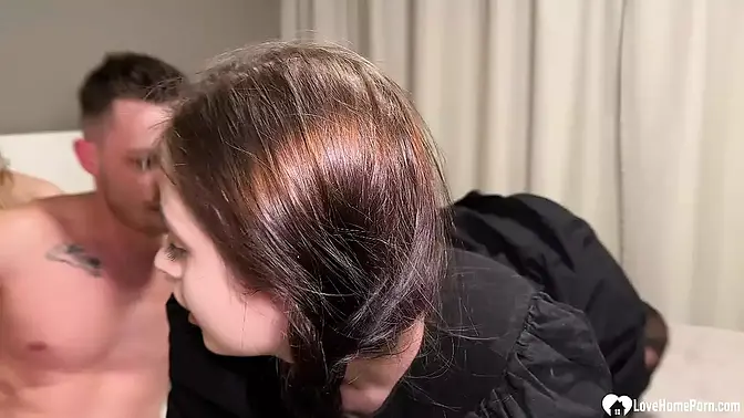 Two cutie beauties get fucked by a big raging donger on camera