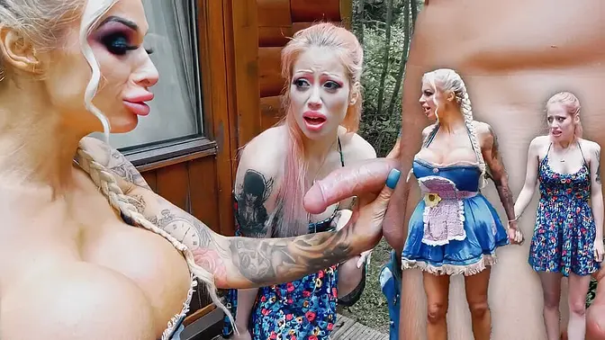 Two dirty bimbos play with a guy outdoors