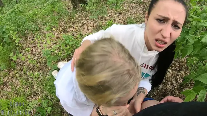 Two girls take turns sucking lucky guy in POV threesome