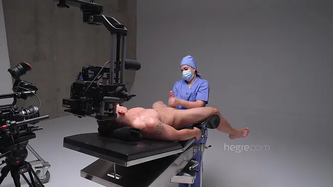 Two gorgeous nurses cum on camera after medical sperm extraction