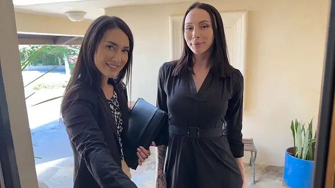 Two gorgeous realtors drop to their knees for double BJ & threesome then get bad news