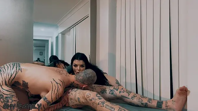 Two goth girls and a milky milf in a steamy three-some