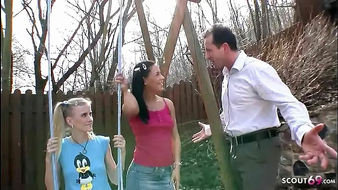 Two skinny teens get picked up by an old guy for an FFM threesome