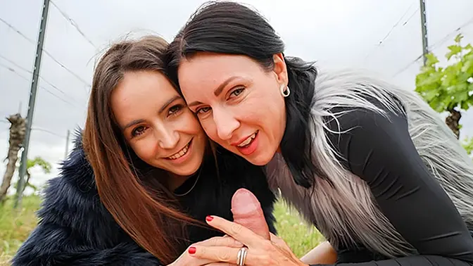 Two stunning vixens dominate a wild CFNM outdoor romp