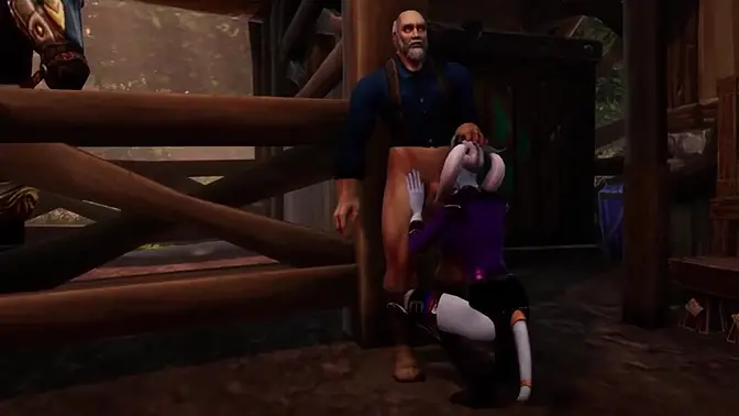 Warcraft babe sucks old man's big cock deepthroat