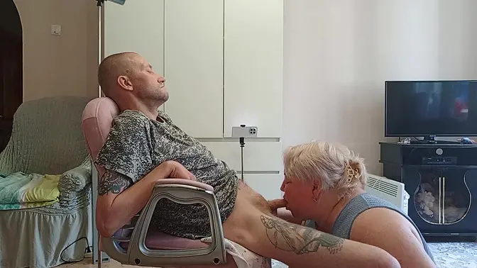 wife watches milf-in-law doing deep blowjob and swallowing cum