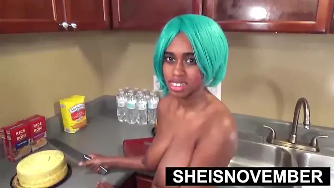 Young ebony girl gets face fucked and ridden hard in kitchen