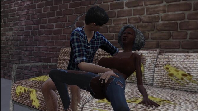 Young man invites homeless gilf to live with him and they fuck