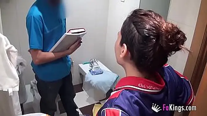 Young Spanish brunette fakes it with the plumber on hidden camera